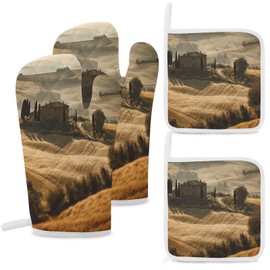 Oven Mitts and Pot Holders Sets View of Typical Tuscany Landscape Printed Kitchen Oven Mitts Heat Resistant Potholders Non Slip 4 Pcs Hot Pads and Oven Gloves Sets for Cooking Baking