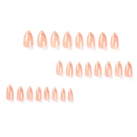 Medium Almond Press on Nails Nude Nature Fake Nails French Tip False Nails with Designs Gold Line Glue on Nails Glossy Full Cover Acrylic Nails Solid Color Stick on Nails for Women 24 Pcs