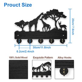MAYJOYDIY Africa Giraffe Coat Rack Wall Mount Wood Key Holder for Wall 11.8×7.9inch Giraffe Family Deer Decorative Wall Hooks 5 Alloy Hooks Animal Tree Black Wall Hanger for Gifts Entryway Room Home