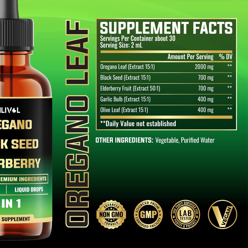 MILIVOL 5in1 Oregano Oil Liquid Drops with Black Seed, Elderberry,