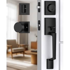 Mensarix Front Door Handle and Deadbolt Set, Matte Black Front Door Lock Set with Modern Knurl Knob, Exterior Entry Lock with Adjustable Single Cylinder Deadbolt, Reversible for Right & Left