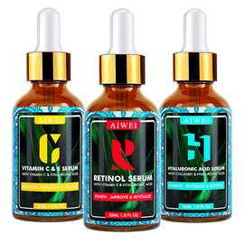 Aiwei Face Serum Set - Includes Vitamin C Serum, Retinol Serum & Hyaluronic Acid Serum - Improve Skin Texture, Glow & Hydration - Day and Night Serums for All Skin Types