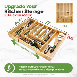 Pristine Bamboo Silverware Organizer - Expandable Kitchen Drawer Organizer - Adjustable Kitchen Drawer Organizer for Utensils, Expandable to 22 Inches Wide, 10 Compartments, Silverware Tray for Drawer