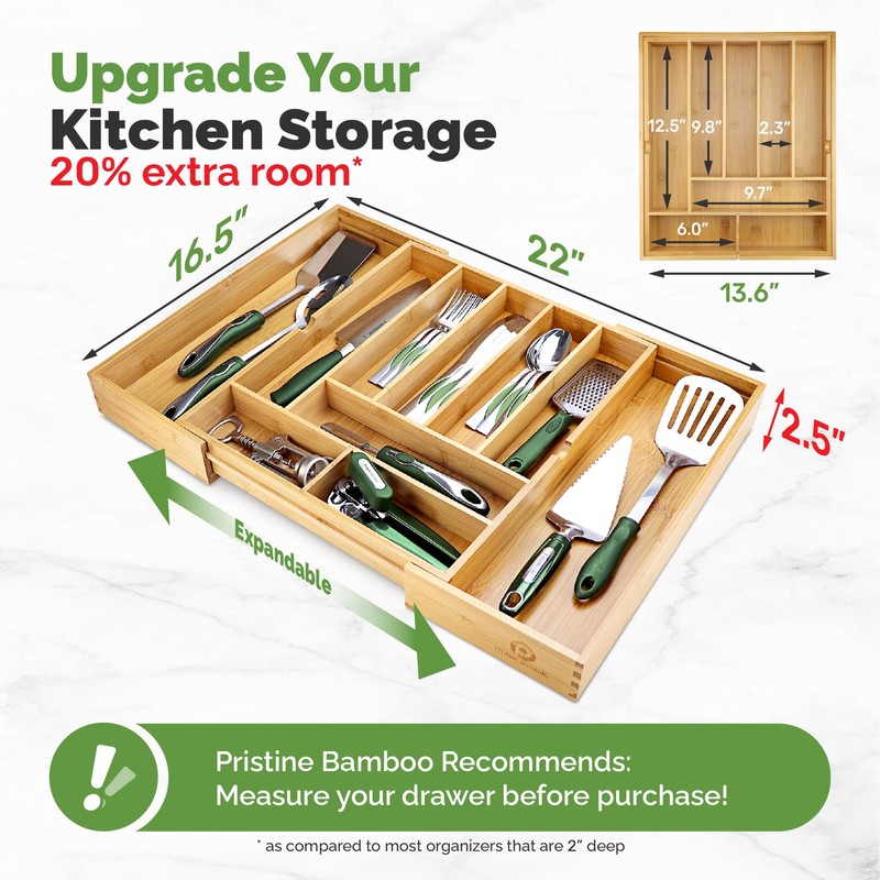 Pristine Bamboo Silverware Organizer - Expandable Kitchen Drawer Organizer -