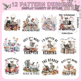 Falueqg Dtf Transfers Ready to Press - 12Pcs Skull Reading Iron on Transfer for Tshirts, Book Lovers Iron on Decals Patches, Bookish Flower Heat Trasnefer Stickers for DIY Clothes Bags Hats Pillows