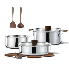 CAROTE 10pcs Stainless Steel Cookware Set with Detachable Handle, Pots and Pans Set, Induction Kitchen Cooking Sets, RV/Camping Cookware, Removable Handle, Oven Safe, Woodgrain