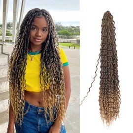 BLL Curly Braiding Hair For Boho Braids Ocean Wave Crochet Hair Human Hair Blend Deep Wave Long Wavy Braiding Synthetic Hair Extensions For Black Women (30 Inch(Pack of 1), T27)