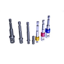 Red Tools Socket adapter set for cordless screwdriver and cordless drill, hexagon, 1/2 inch, 3/8 inch, 1/4 inch drive, socket spanner attachments, 7-piece RT20315