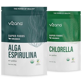 VIZANA NUTRITION  Chlorella y Espirulina Orgánica Certificadas USDA en Polvo 300g, (Pack- 1 Bolsa de Chlorella 100gr y 1 Bolsa de Espirulina 200 gr)  