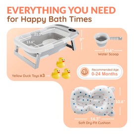 Collapsible Bathtub Baby for Infants & Newborns w/Thermometer, Drain Plug with Heat Sensor & Scoop – Compact Travel Baby Bath Space-Saving Bath for Travel, Shower & Small Bathrooms