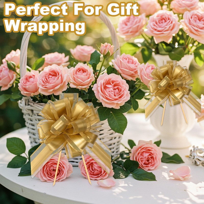 6 Pcs 6 Inch Double-Layered Pull Bows, Organza Ribbon Gold