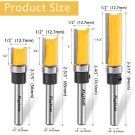Flytuo 4PCS Pattern Flush Trim Router Bit Set 1/4" Shank, Professional Carbide Top Bearing Flush Trim Bit Kit with Length in 1/2", 3/4", 1", 1-1/2", Straight Cut Woodworking Tool(Cutting Dia: 1/2")