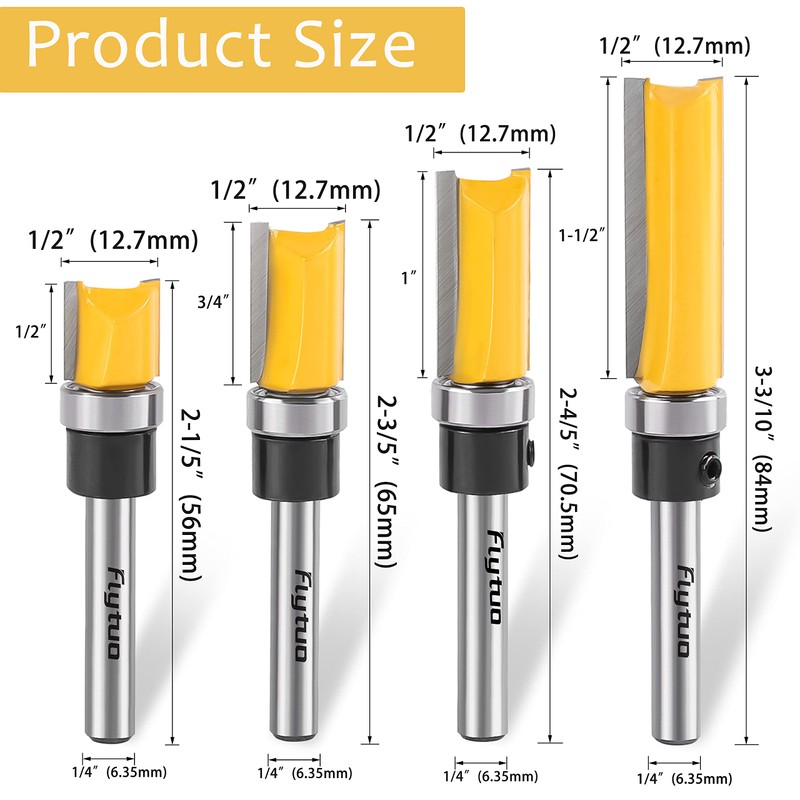 Flytuo 4PCS Pattern Flush Trim Router Bit Set 1/4" Shank,