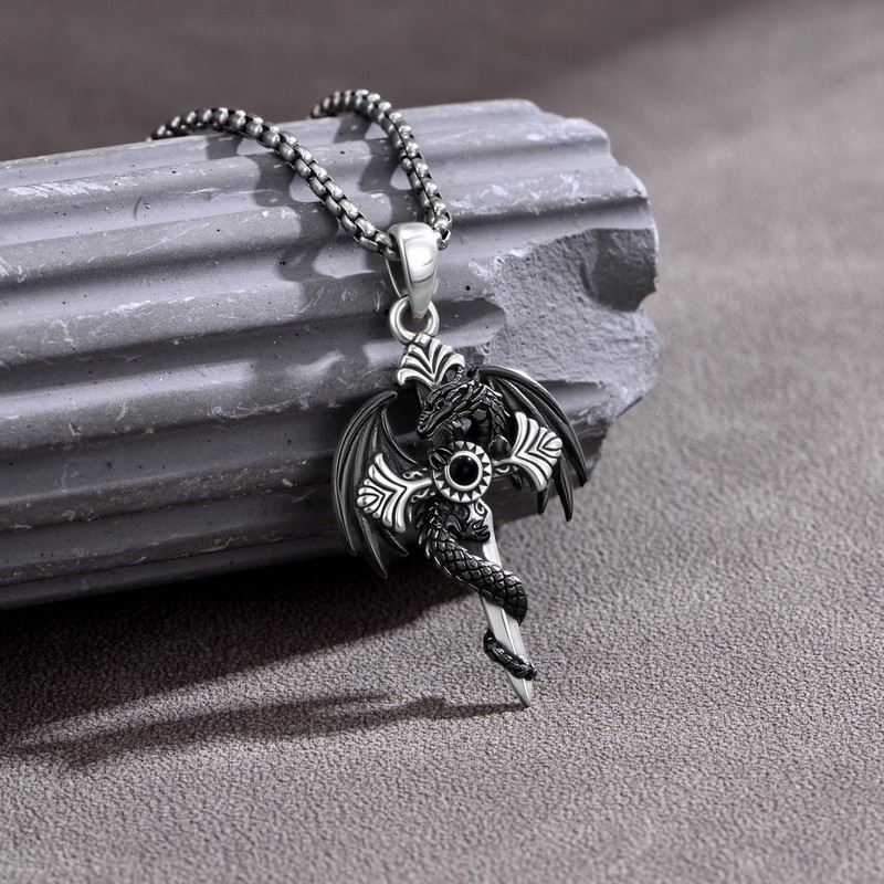 Lypic Gothic Dragon Sword Necklace for Men Women 925 Sterling