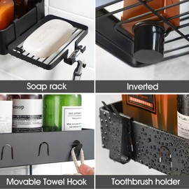 KEGII Hanging Shower Caddy – 2-Tier Stainless Steel Shower Organizer Over Shower Head with Soap Holder, Toothbrush Hooks & Towel Bar, Rustproof & No Drilling, Matte Black