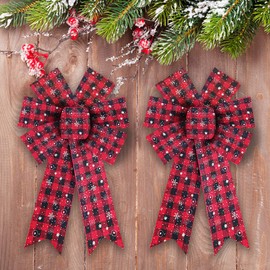 2PCS Christmas Wreath Bows, Red Black Buffalo Plaid Bows for Wreath Rustic Farmhouse Bows for Front Door Winter Red Bows Christmas Snowflake Tree Bows for New Year Indoor Outdoor Xmas Decorations