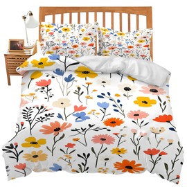Floral Comforter Set King Size, Colorful Flower Print Comforter Cover Gifts for Women, Botanical Wildflower Bedding Decor Duvet Quilt Cover Set with 2 Pillowcases for Boys Girls Adults Teens