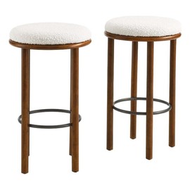 Modway Fable 30 Inch Backless Wood Bar Stools Set of 2 in Walnut Ivory - Upholstered Padded Boucle Round Barstool - 2Pc Bar Height Stools with Footrest