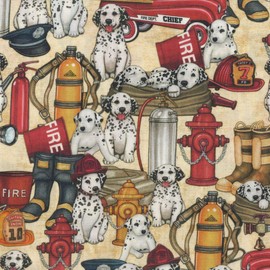 5 Alarm Fire Dogs on Beige Cotton Fabric by Quilting Treasures