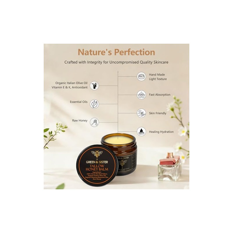 Fed Beef Tallow Balm with Raw Honey,Organic Grass-Fed Beef Tallow