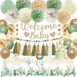 Sage Green Baby Shower Decorations Gender Neutral Baby Shower Decorations Welcome Baby Banner Sage Green Balloons Paper Lanterns Pom Poms Flowers Tablecloth Tassels Mom to Be Sash Dad to Be Pin