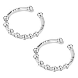 QZKJQDD Anxiety Silver Ring, Anti-Stress Ring, Shade Anxiety Ring, Stainless Steel Anxiety Ring, Stress Ring, Silver Rings, for Panic Attacks, Thumb Ring, Finger Mood Ring, Women (Silver, Pack of 2),