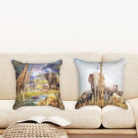 Ulticool - Cushion Cover - Safari Tere Natural Giraffe Elephant - Set of 2 Designs - 45 cm x 45 cm - Decorative Cushion without Filling - Cushion Cover Accessories for Sofa/Bed - Khaki Beige