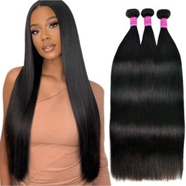 Straight Bundles Human Hair 12A Brazilian Human Hair Bundles for Women 3 Bundles Weave Hair Extension Double Weft Straight 14 16 18 Inch Natural Black Color