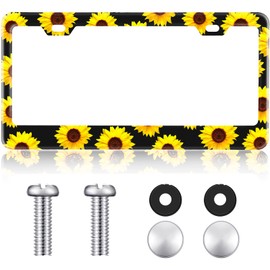Boao Sunflower Themed License Plate Cover Aluminum Metal License Plate Holder Frame Tag with Yellow Sunflowers Decorative Design for Vehicles (2 Sets)