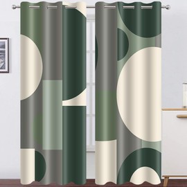 AHBEWIN - Cortinas opacas abstractas de color verde salvia, con círculos geométricos modernos, color gris y beige de mediados de siglo, estética minimalista, ojales vintage, cortinas de ventana para