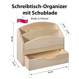 LOCALIS Desk Organiser, Letter Tray with Drawer, Pine Wood, 2 Compartments, Removable Divider, Document Tray, Post Tray, 25 x 10 x 20 cm (L x W x H)