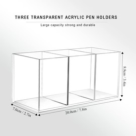 Neikafan Acrylic Pen Holder Transparent Square Pen Holder 3 Compartments Pen Cup Brush Holder Pen Pot Organiser Transparent Pen Holder Office Items Children