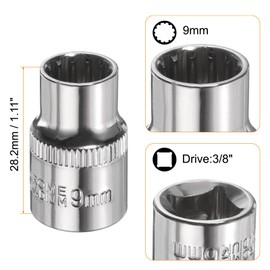 sourcing map 12 Points Socket 3/8" Drive 9mm Metric Shallow Impact Socket Cr-V Steel Chrome Plating Flip Sleeve Nut Driver Wrench for Home Auto Nuts Bolts Repair