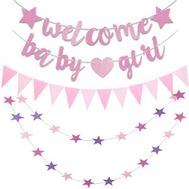Welcome Baby Girl Banner Decorations - Pink Glitter Baby Shower Decoration Banners Hanging, Family Newborn Birthday Pennant Garland Homecoming Party Decor Supplies