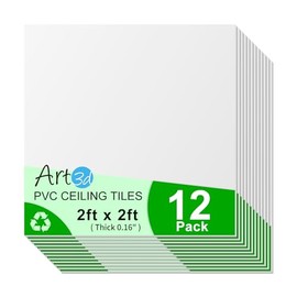 Art3d 24"x24" Smooth Drop Ceiling Tiles (48 Sq.Ft), 12-Pack 2ft x 2ft PVC Tiles for Home and Office, Waterproof and Reusable Plastic Ceiling, White