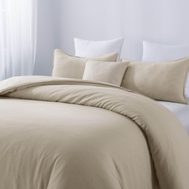 meadow park Washed Linen Cotton Duvet Cover Set Queen Size 3 pcs, 55% French Linen 45% Cotton, Linen Blend Duvet Cover 90“ x 92" with 2 Pllow Shams 20" x 26", Stone Washed Fabric, Khaki