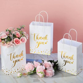 PerKoop 60 Pcs Thank You Gift Bags Bulk Paper Gold Thank You Wedding Bags with Handle for Business, Shopping, Wedding, Baby Shower, Party Favors (White)