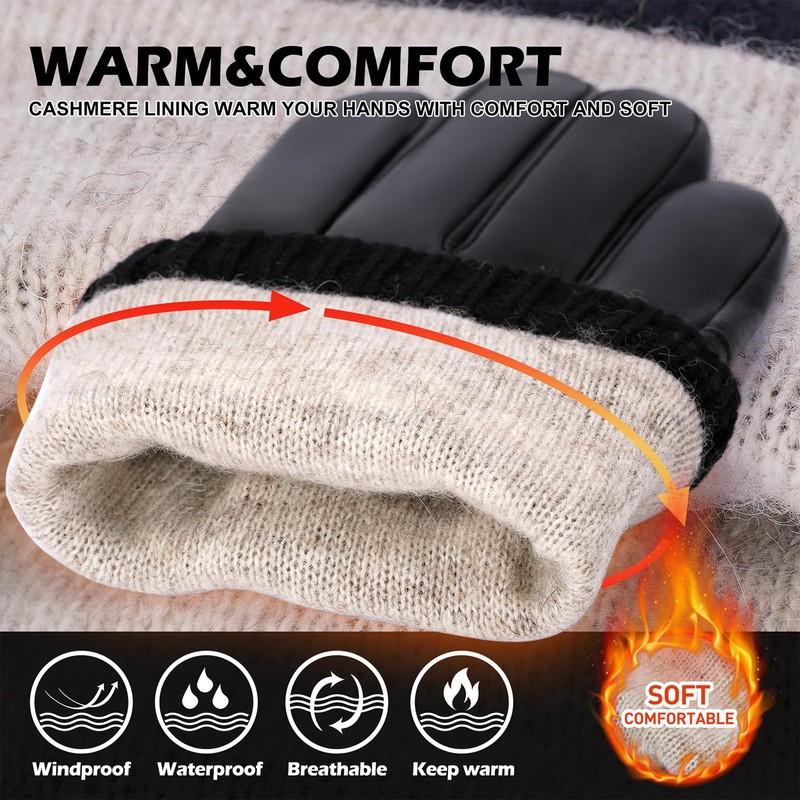 BISON DENIM Men's Leather Gloves Warm Cashmere Lining Windproof Gloves