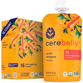 Cerebelly Organic Baby Food Pouches – 6+ Months Organic Veggie Pouches | 16 Nutrients, No Added Sugar, Non-GMO | Toddler Pouches | 4 Ounce BPA-Free Baby Pouches | Carrot Chickpea | 12 Count