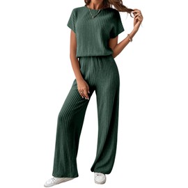 Happy Sailed Women's Casual Crewneck Jumpsuit Loose Fit Long Sleeve Ribbed Elastic Waist Stretchy Romper Wide Leg Jumpsuits Green Large