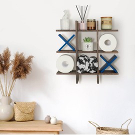 Weysat Tic Tac Toe Toilet Paper Holder Stand Toilet Paper Storage Bathroom Decor Rustic Wooden Hanging Storage Freestanding Wall Mounted Shelves Decor for Toilet Tissue Farmhouse(Brown, Blue)