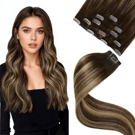 LaaVoo Hair Extensions Clip ins Balayage Brown Clip in Hair Extensions Brown to Caramel Blonde Balayage Human Hair Clip ins Extension Silky Straight 14 Inch 80g/5pcs