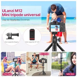 ULANZI M12 - Palo Selfie Extensible para cámara de acción, Soporte portátil para teléfono Celular Vlog con Soporte para teléfono y Adaptador cámara de acción, Mini Agarre de Mano