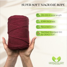 'MeriWoolArt® Natural Macrame Yarn, 4 mm, Colourful, 225 m, Super Soft Cotton Yarn, Single Twisted Macrame Cord for Macrame Wall Hanging, Hanging Basket, Curtain and More DIY (Burgundy)