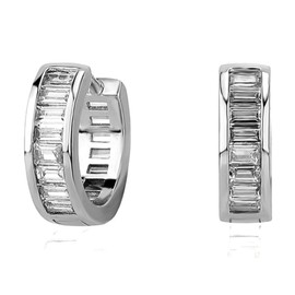 White Gold Plated 925 Sterling Silver Brilliant Cubic Zirconia Huggie Trendy Elegant Hypoallergenic Iced Cz Baguette Hoop Earrings For Men Women