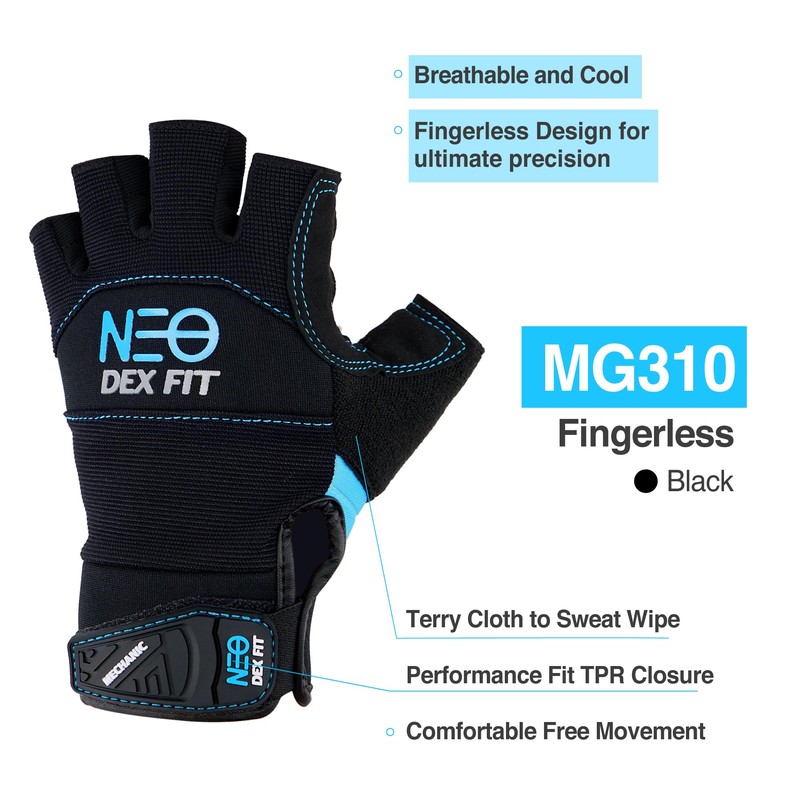 DEX FIT MG310 Mechanic Fingerless Gloves, Durable Reinforcements, Firm Grip,