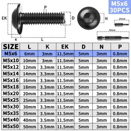 TXXATX Pack of 30 Rounded Head Screws with Flange M5 x 6 mm Screws M5 Flat Head Screws ISO7380-2 Stainless Steel A2 V2A Black Rounded Head Hexagon Socket with H3 Screwdriver Bits for Table Legs