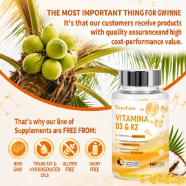 Toyocare Suplemento De Vitamina D3 Y K2 Mk-7, 150 Cápsulas                                                                                            