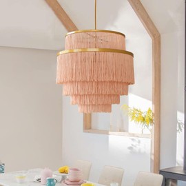 Topaluce 5-Tiered Boho Chandelier Gold,3 Lights Pink Fringe Pendant Light Fixture,Tassel Chandelier for entryway,Dining Room,Baby Nursery,Bedroom
