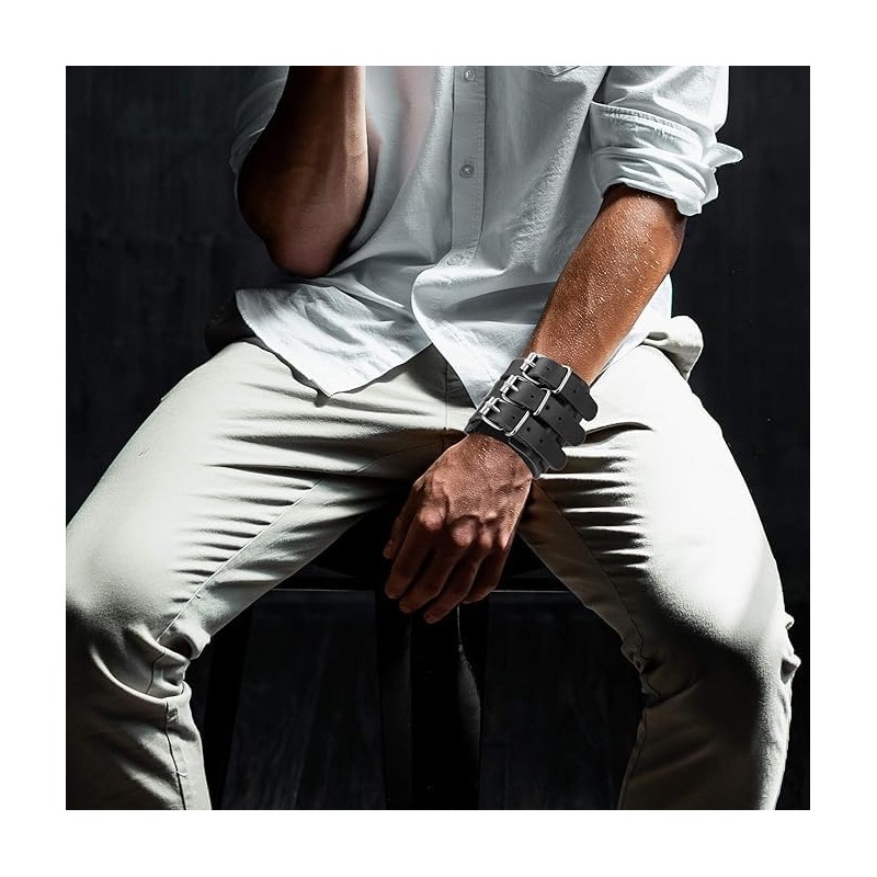Mens Leather Wide Band Handmade Triple Strap Cuff Medieval Wrap